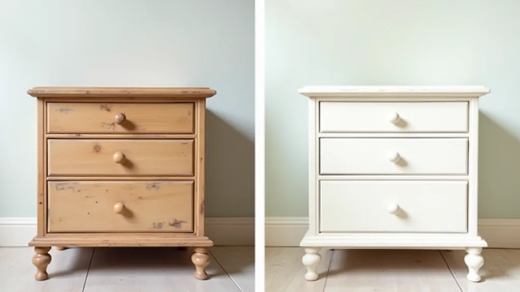 Before and after transformation of a vintage wooden nightstand painted with chalk paint