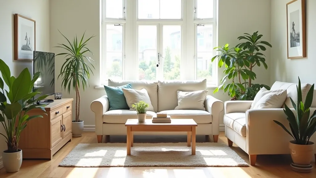Bright living room interior decorated with restored and upcycled furniture pieces