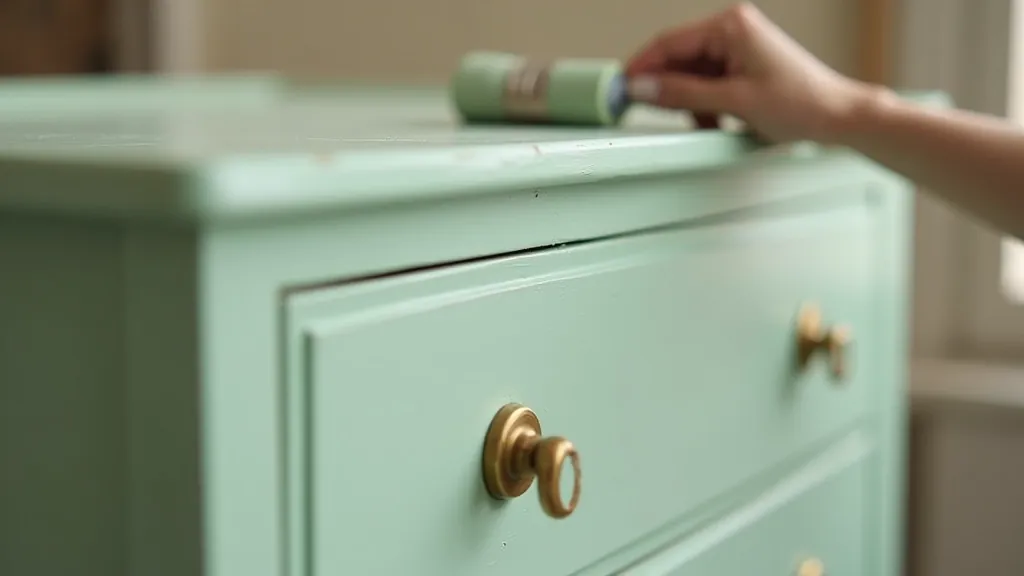 Wooden dresser mid-transformation showing chalk paint application in soft sage green colour with new brass handles