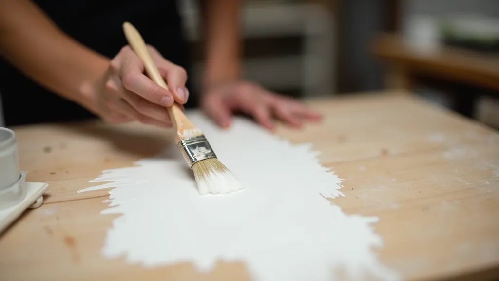 Hands applying chalk paint to wooden furniture surface with paintbrush