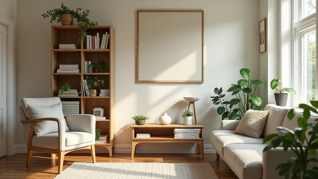 Styled living room corner with upcycled furniture pieces including painted bookshelf, restored side table, and vintage lamp