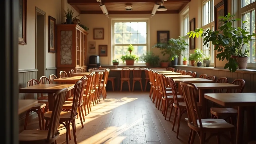 Interior of vintage furniture charity shop with rows of wooden chairs, tables, and cabinets ready for restoration