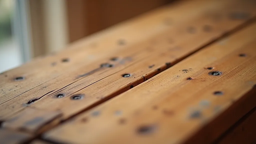 Magnified view of wood grain showing signs of wear, small scratches, and aging patina