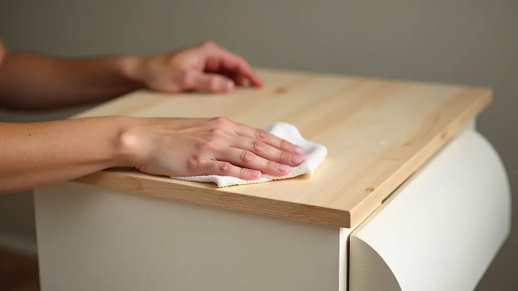 Wooden furniture surface being cleaned with cloth, removing dust and debris before painting