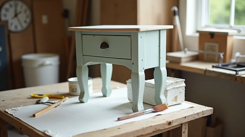 Vintage wooden chair being restored with chalk paint in a bright workshop space